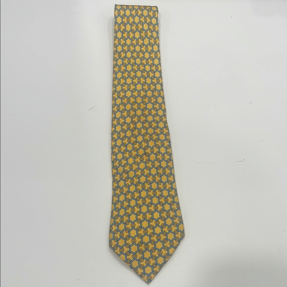 Hermes Yellow and Gray Silk Tie with Geometric Pattern